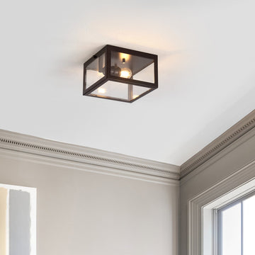 Eleanor 8" Farmhouse Industrial Square Iron/Glass Case LED Flush Mount - JONATHAN Y